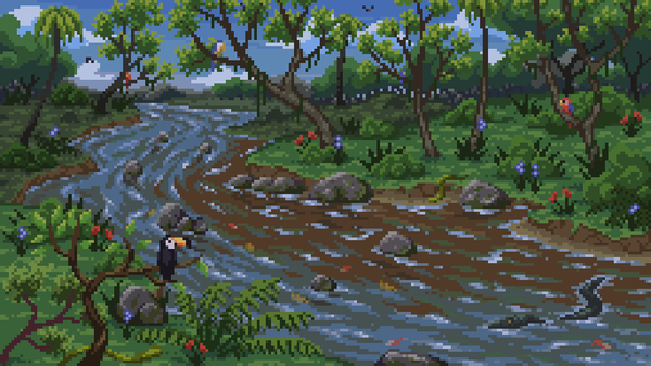 The pixel art landscape of Wily River